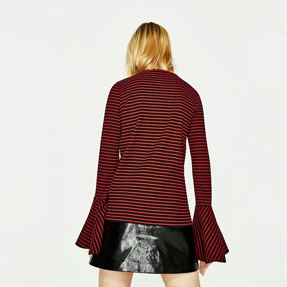 Zara Ribbed Frilled Sweater Red Black Stripe S - Picture 3 of 6