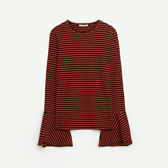 Zara Ribbed Frilled Sweater Red Black Stripe S - Picture 4 of 6