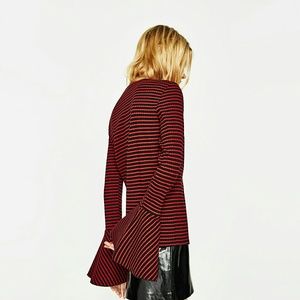 Zara Ribbed Frilled Sweater Red Black Stripe S