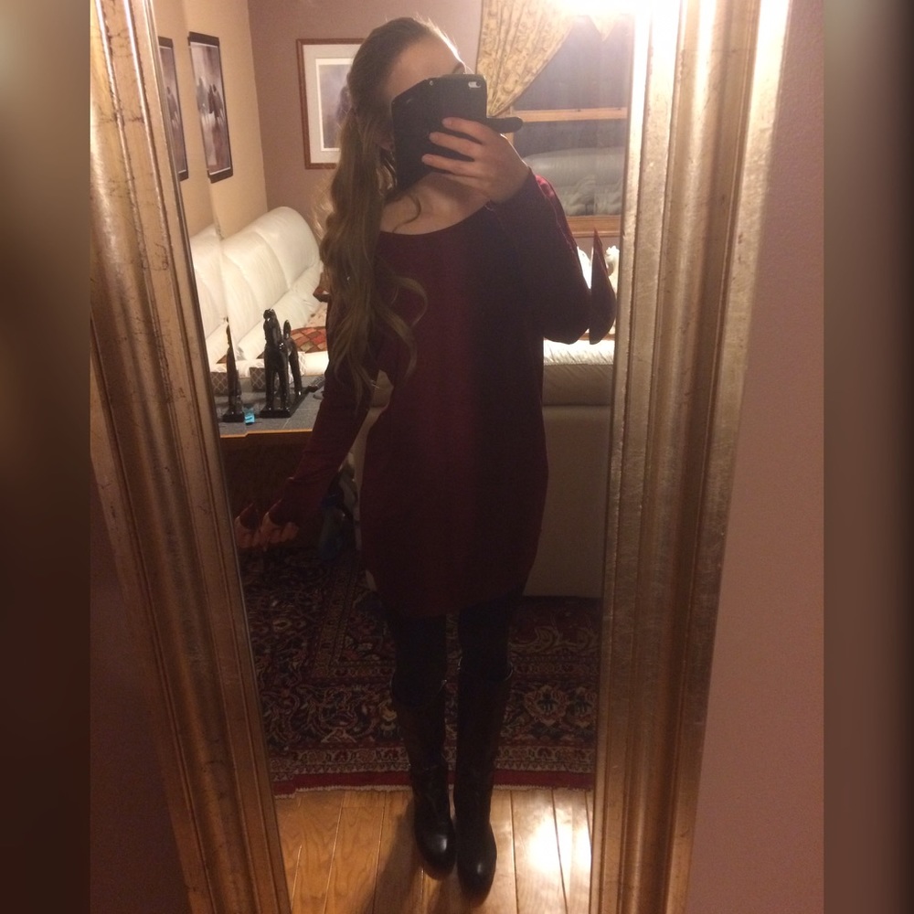 Long Sleeve Shift Shirt Dress Tunic Low Back, Red