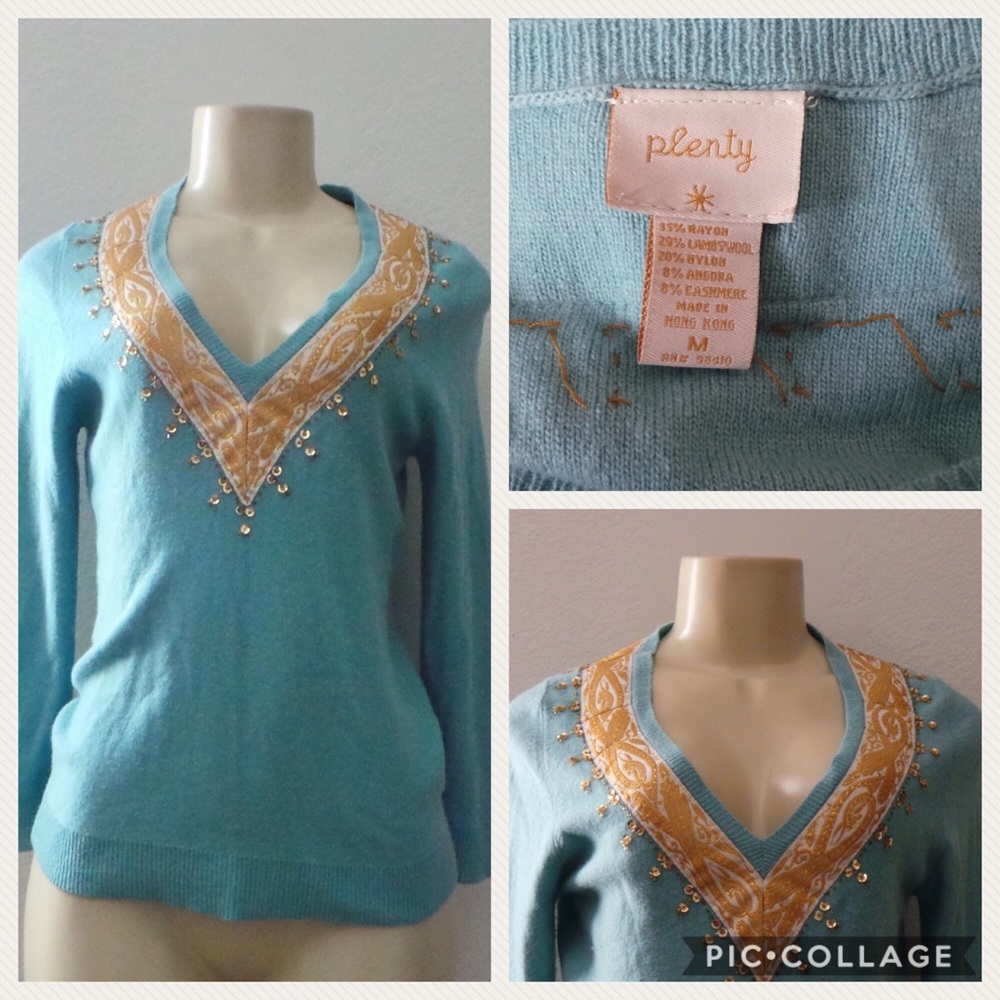 Light Blue Sweater with Gold Embroidery EUC