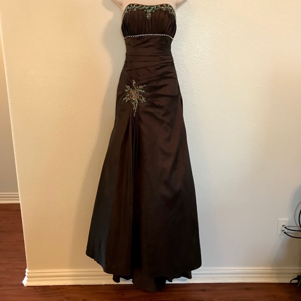 Chocolate Brown Taffeta Evening Dress with Jewels