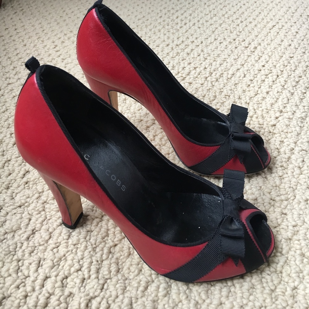 Red Leather Marc Jacobs Bow Peep Toe Heels