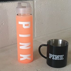 VS PINK Glass Water Bottle and Metallic Mug