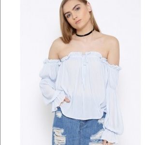 Light blue off the shoulder top with front tie