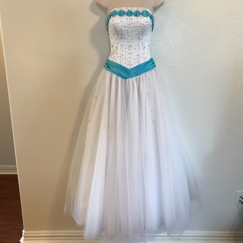 White Formal Dress with Aqua Embellishments.