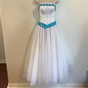 White Formal Dress with Aqua Embellishments.
