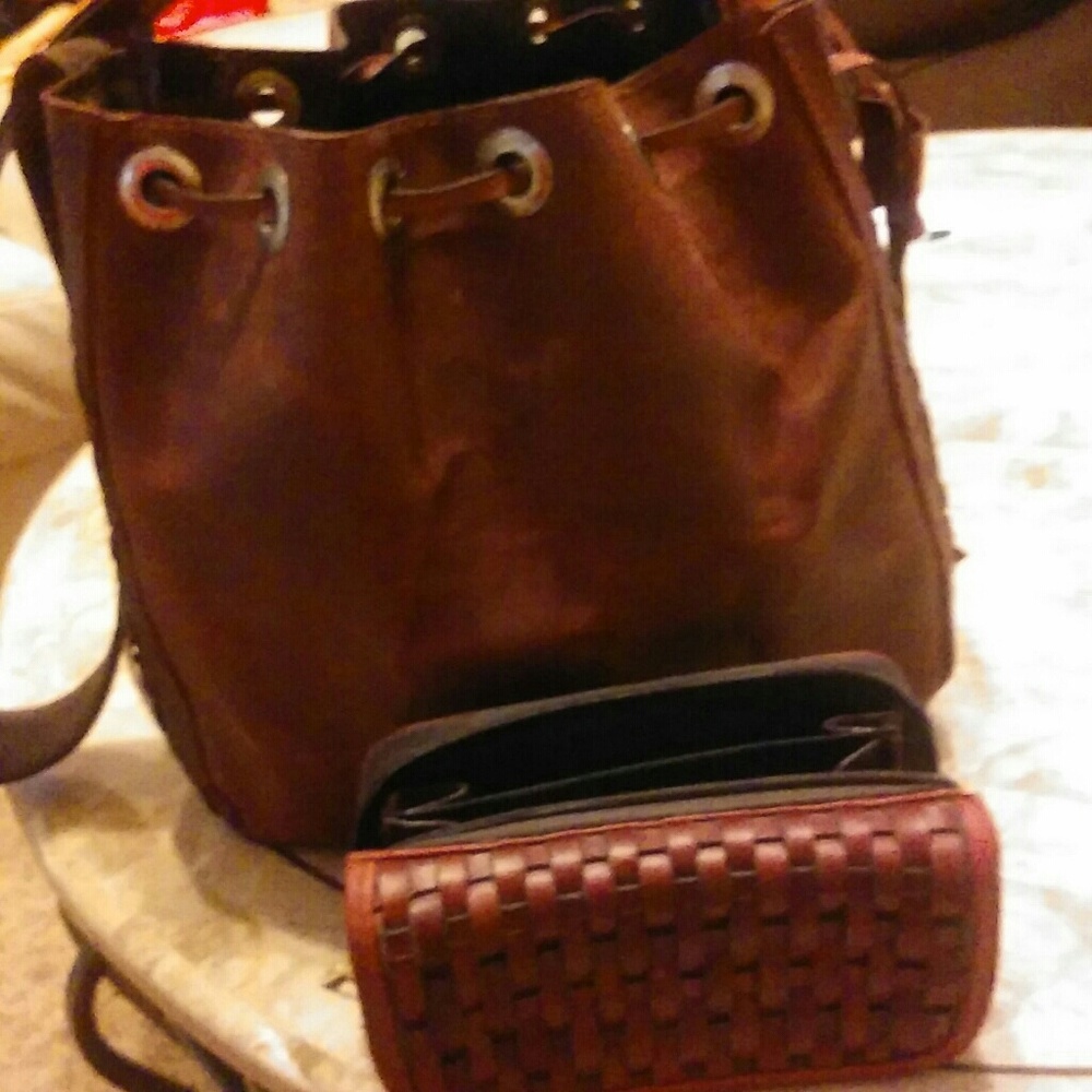 Handmade Leather Drawstring handbag with wallet