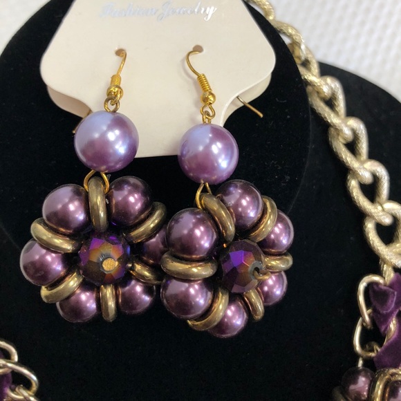 Chunky Crystal /Metal Chain Necklace Set/ Purple - Picture 4 of 6