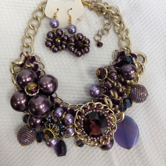 Chunky Crystal /Metal Chain Necklace Set/ Purple - Picture 5 of 6