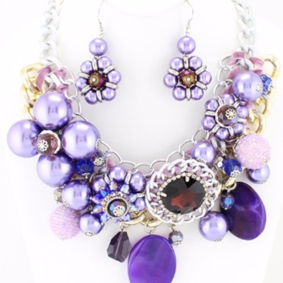 Chunky Crystal /Metal Chain Necklace Set/ Purple - Picture 2 of 6