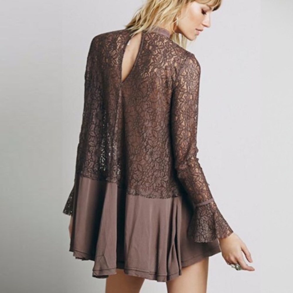 Secret Origins Lace Pieced Tunic DRESS Brown NEW - Picture 2 of 6