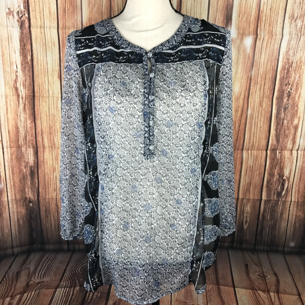 Lucky Brand Peasant Boho Sheer Blouse Gray Floral