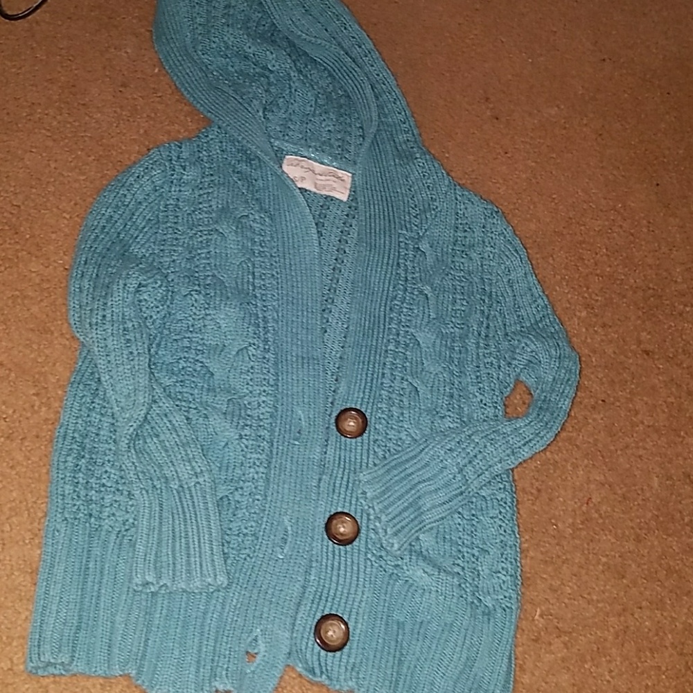 Small petite blue knit button up hooded cardigan
