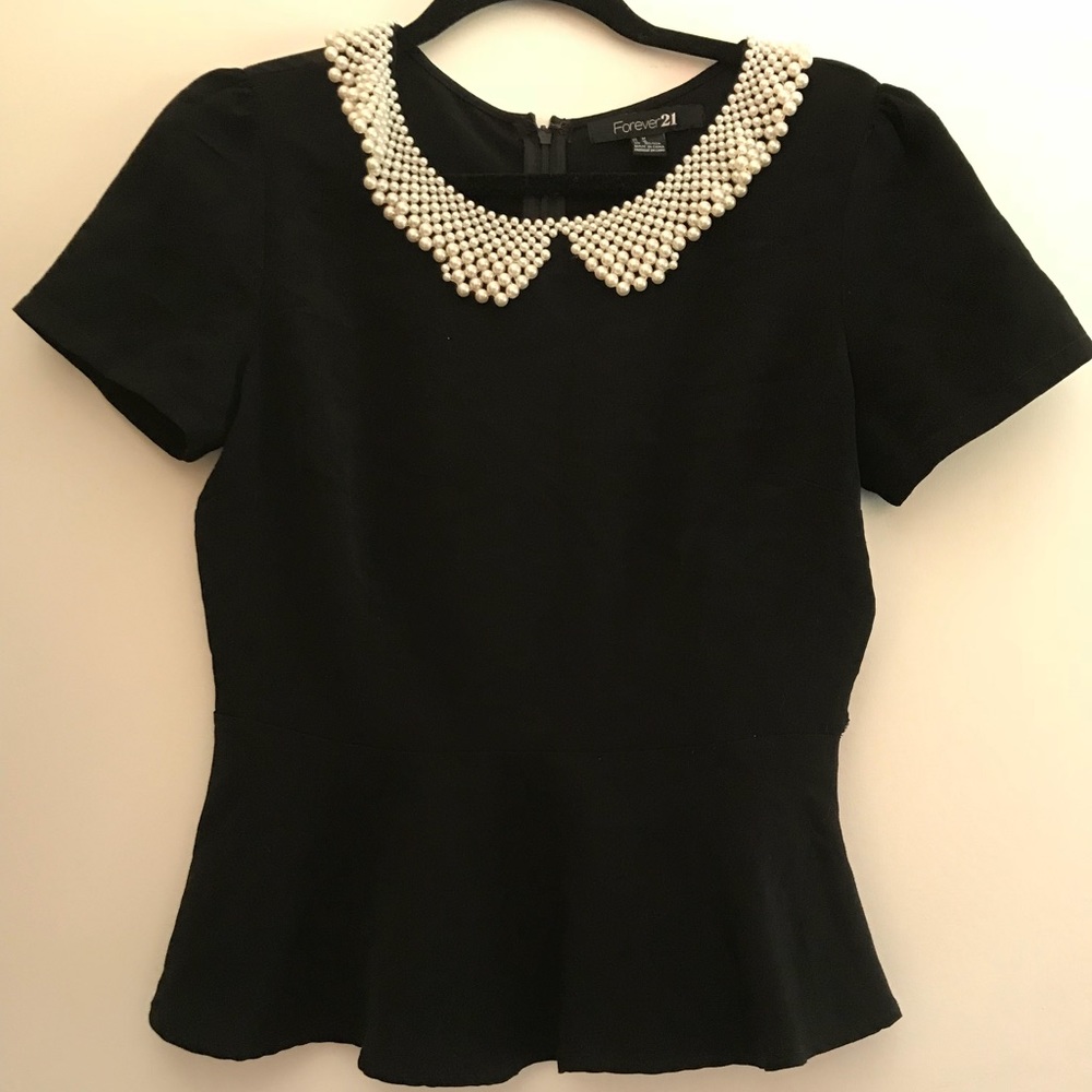 Black Blouse with Pearl Collar