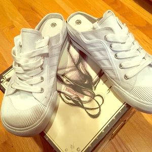 Women's tie white slip ons