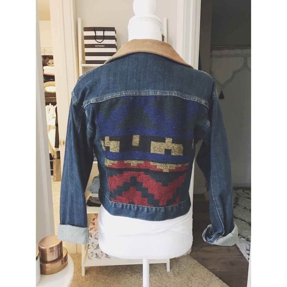 Cropped Denim Jacket w/ Suede Collar Tribal Panel