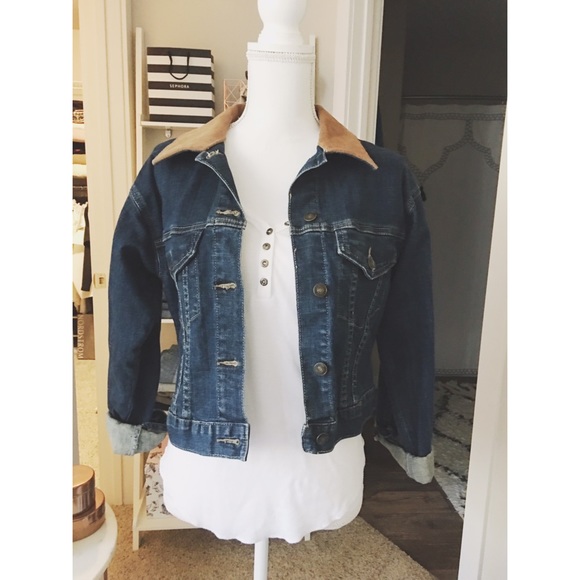 Cropped Denim Jacket w/ Suede Collar Tribal Panel - Picture 2 of 2