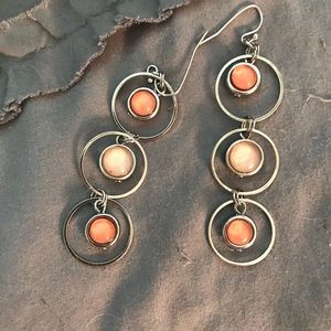 Silver/peach stone dangle earrings
