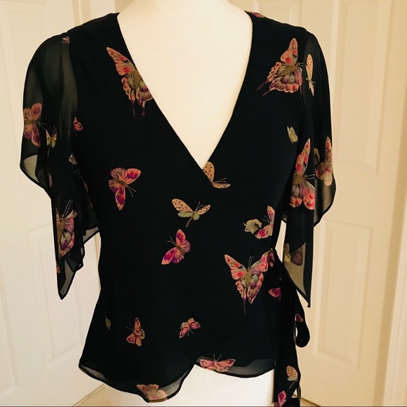 Nicole Miller Collection Tops - Nicole Miller butterfly printed silk wrap blouse S
