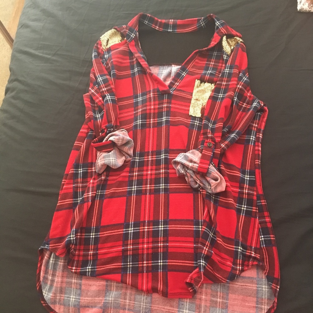 Plaid tuning with gold sequin detail