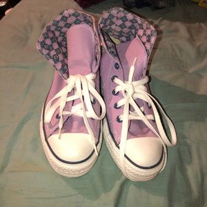 Purple/argyle print interior, high top converse
