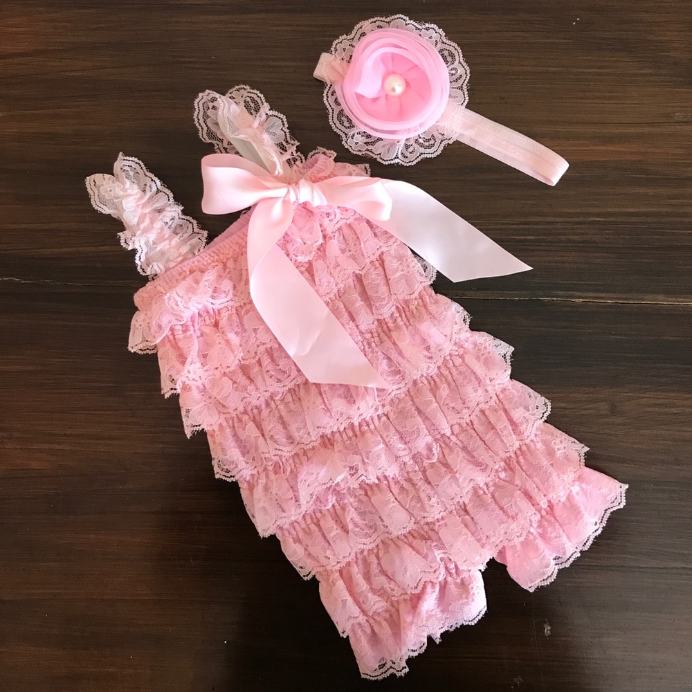 Baby Girl Pink Ruffled Romper with Headband
