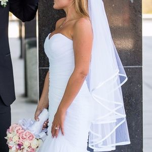 White Bridal Veil Mid Hip Length With Ribbon Edge