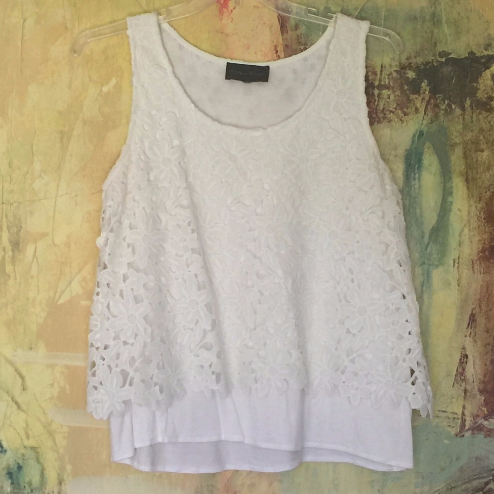 Anthropologie White Floral Cut Out Tank