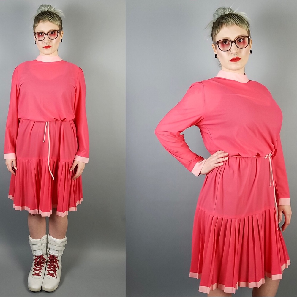 60s 70s Pink Drop Waist Long Sleeve Sheer Dress