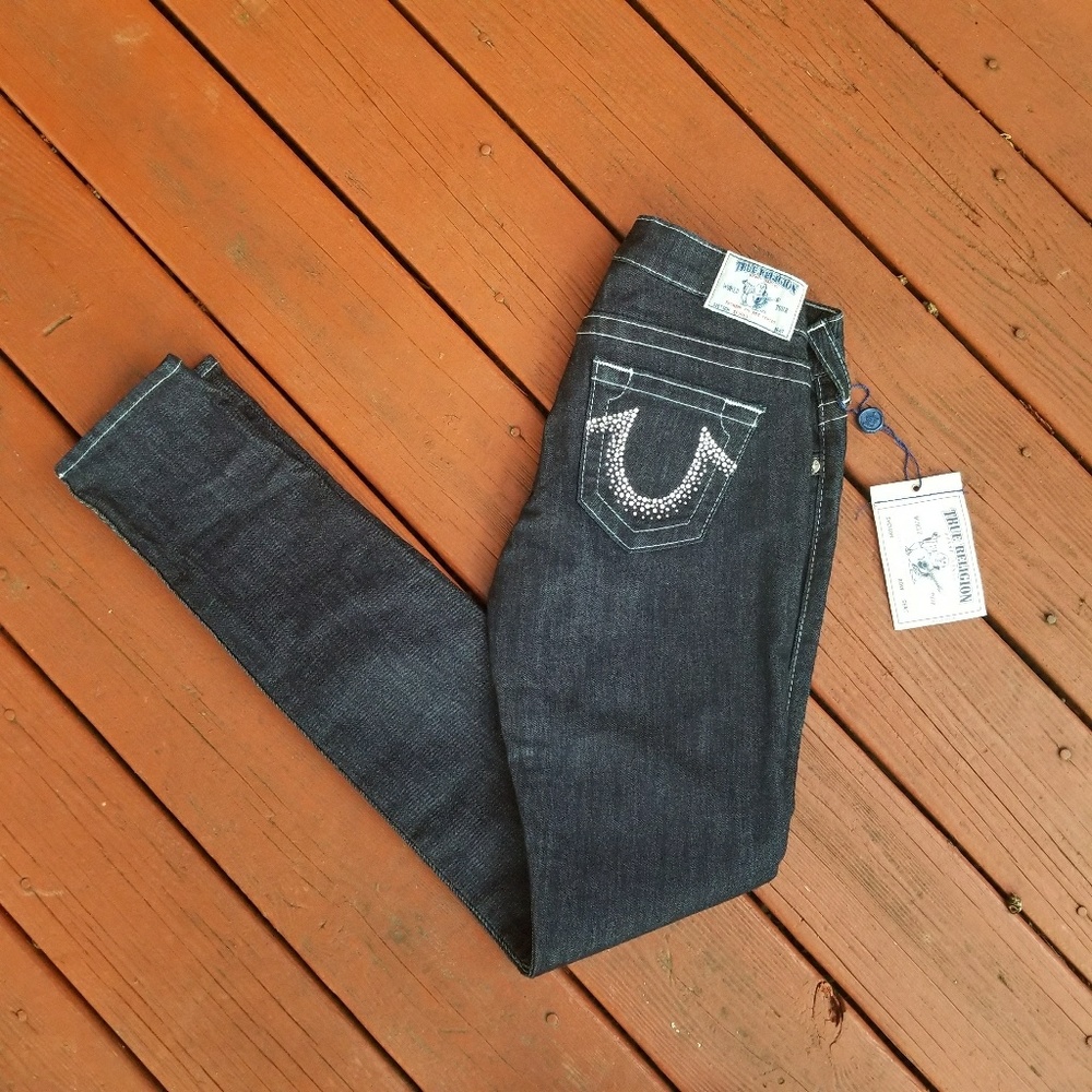 NWT True Religion Dark Wash Rhinestone Skinny Jean