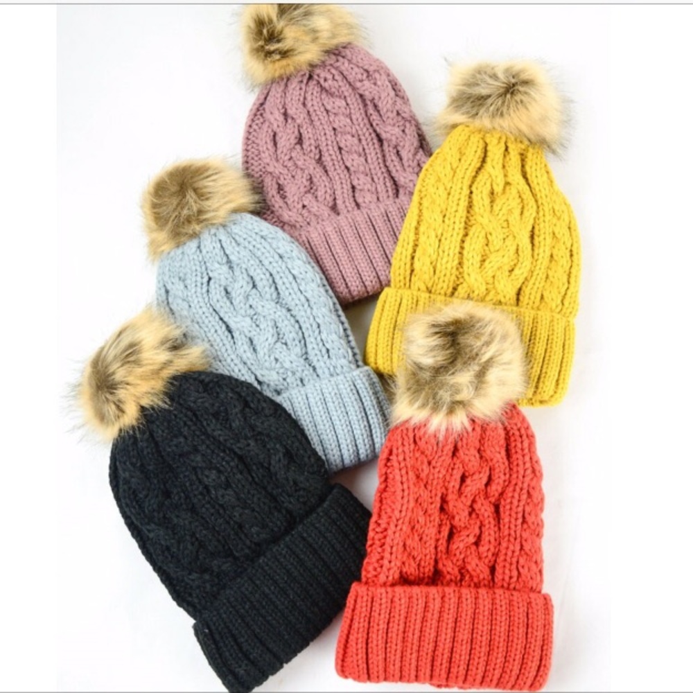 Mustard Faux Fur Pom Knit Beanie