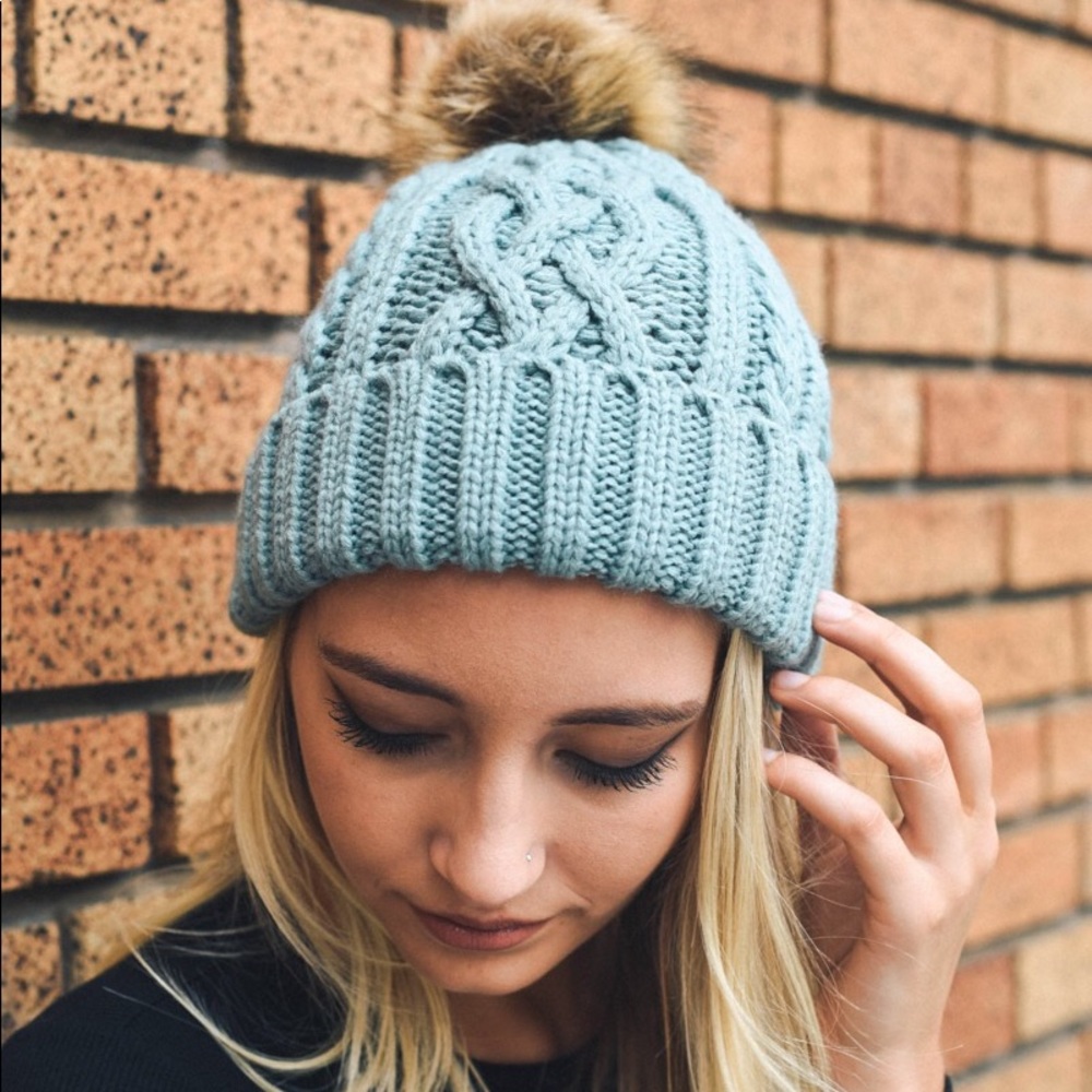 Mint Faux Fur Pom Knit Beanie