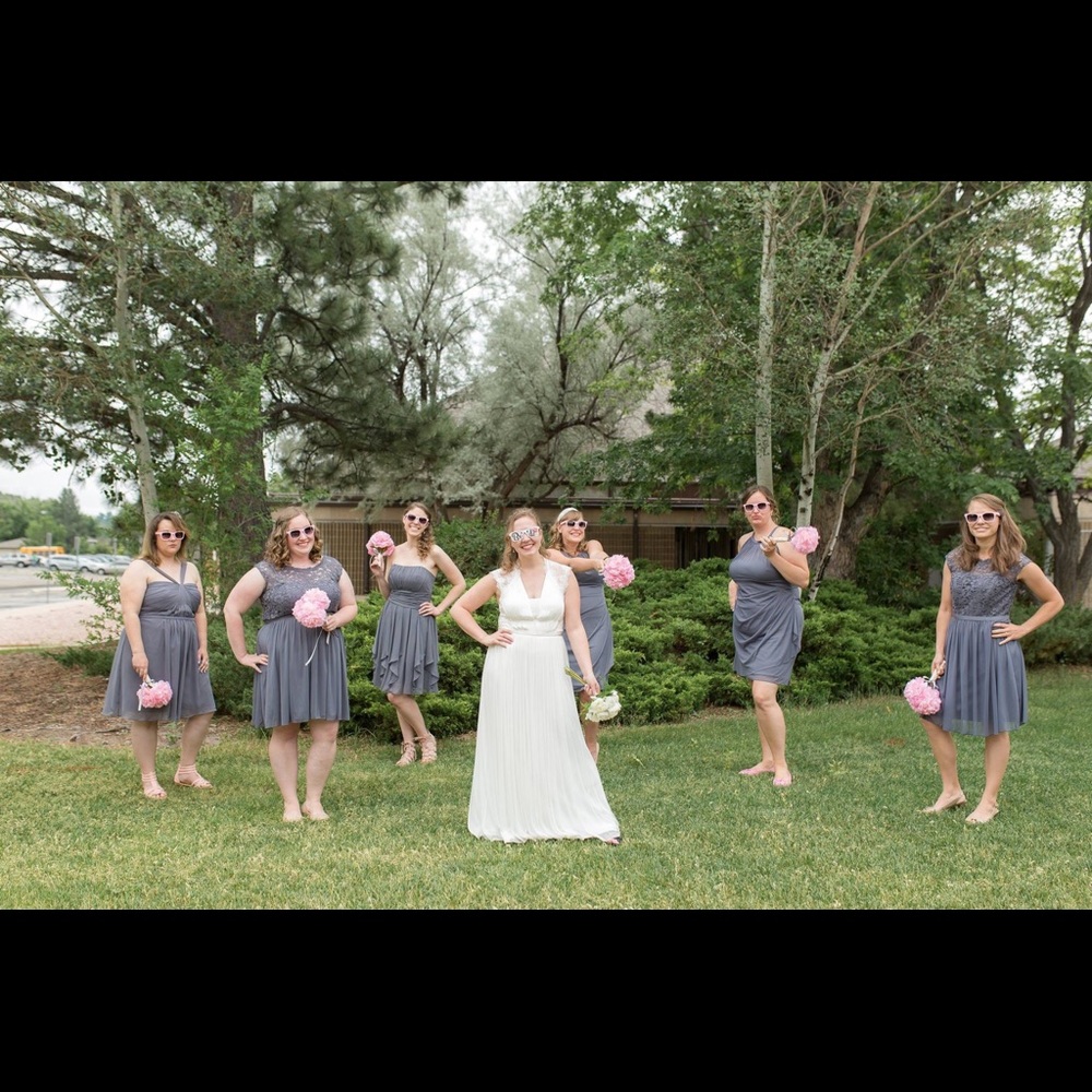 Pewter Mesh Davids Bridal cocktail dress.