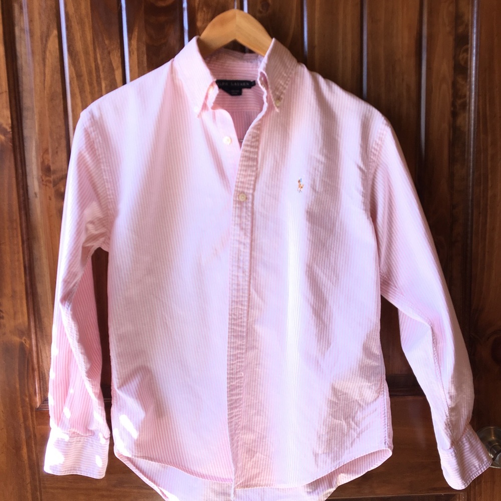 Pink White Striped Long Sleeve Ralph Lauren Button
