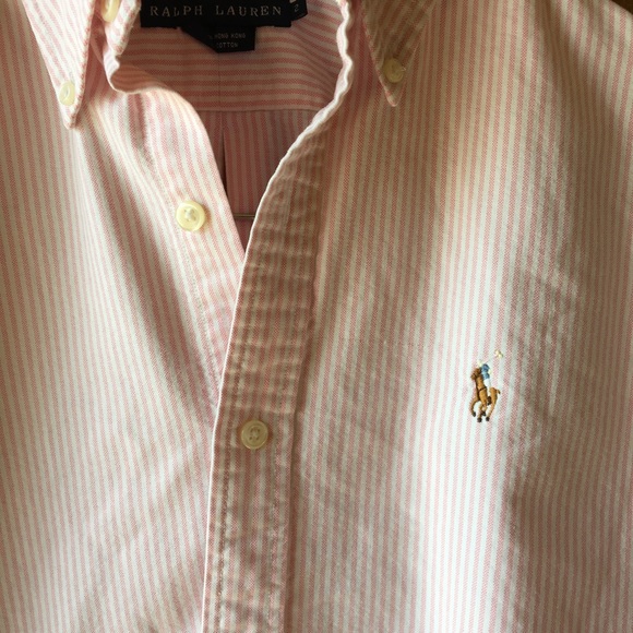 Pink White Striped Long Sleeve Ralph Lauren Button - Picture 2 of 2