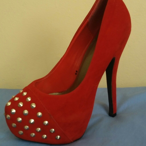 Red Platform Studded Suede Heels Size 6 - Picture 2 of 8