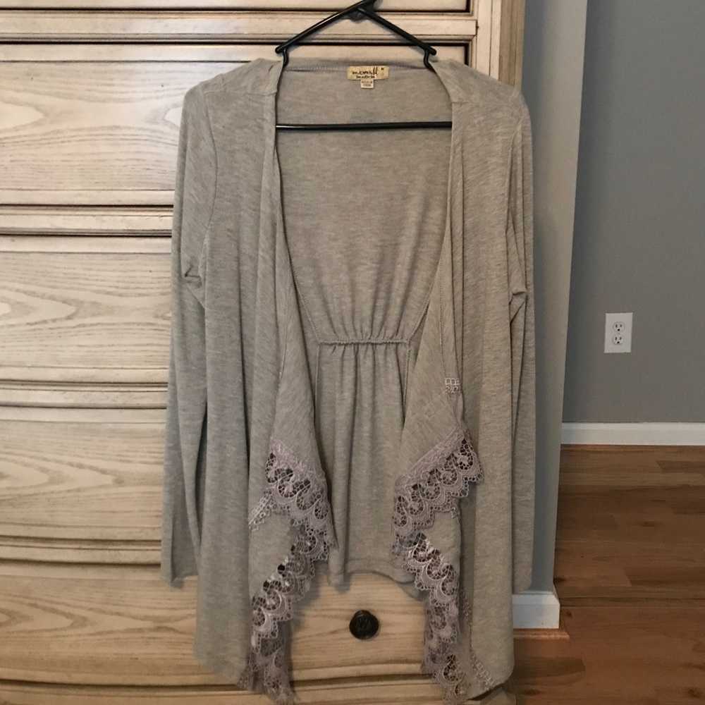 One world greay cardigan with crochet trim