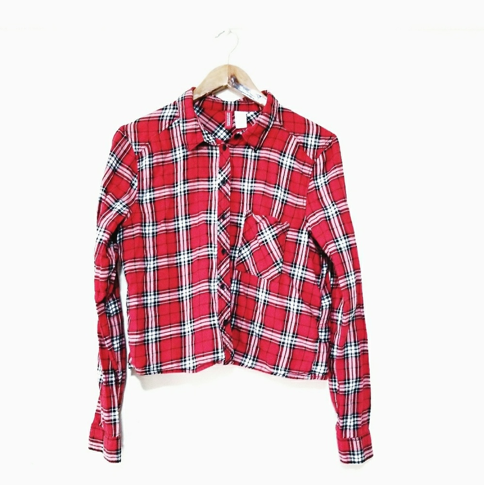 Cropped Plaid Long Sleeve Flannel Shirt