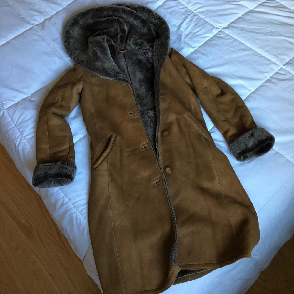 Genuine sheepskin hooded long coat