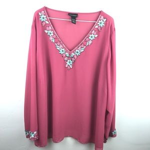 Lane Bryant pink embroidered embellished blouse