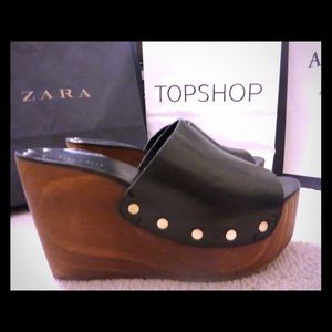 Zara leather wooden platform wedge 7.5 with studs