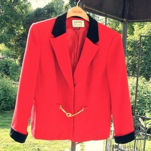 Kasper Red Vintage Suit Black Velvet Collar, Cuffs