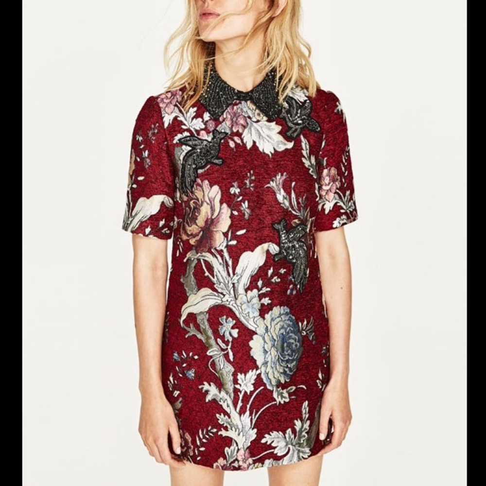 Zara Red Floral Sequin Jacquard Dress