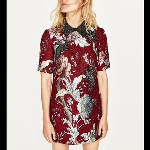 Zara Red Floral Sequin Jacquard Dress