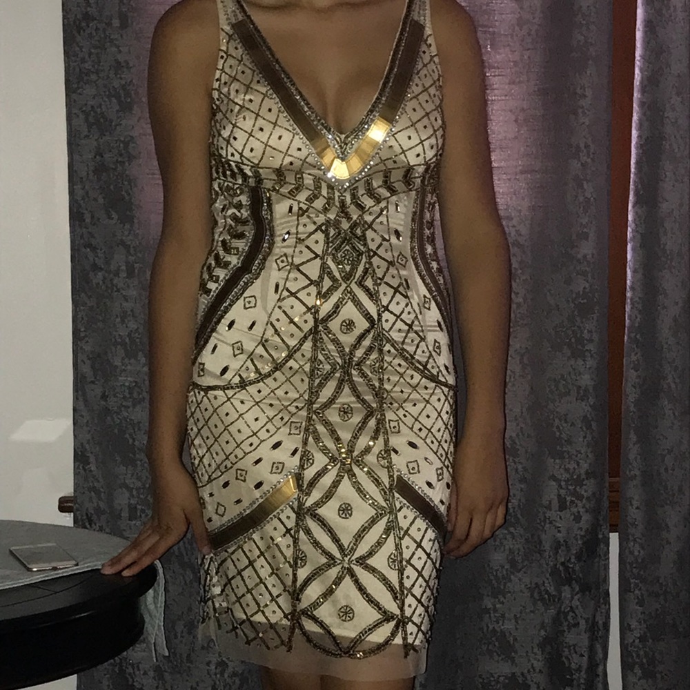 Bronze and gold hand beaded cocktail dress
