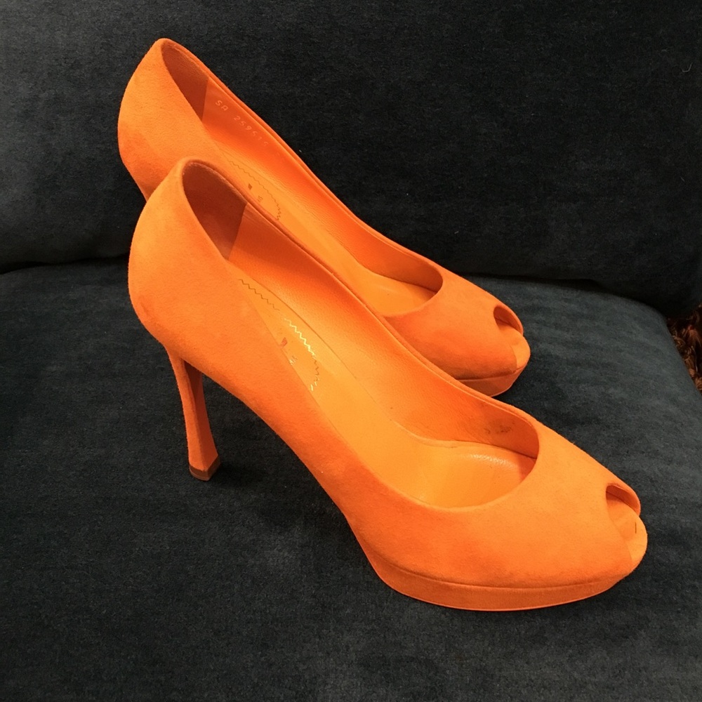 YSL Paris -- Luscious Suede Tangerine Peep-toes