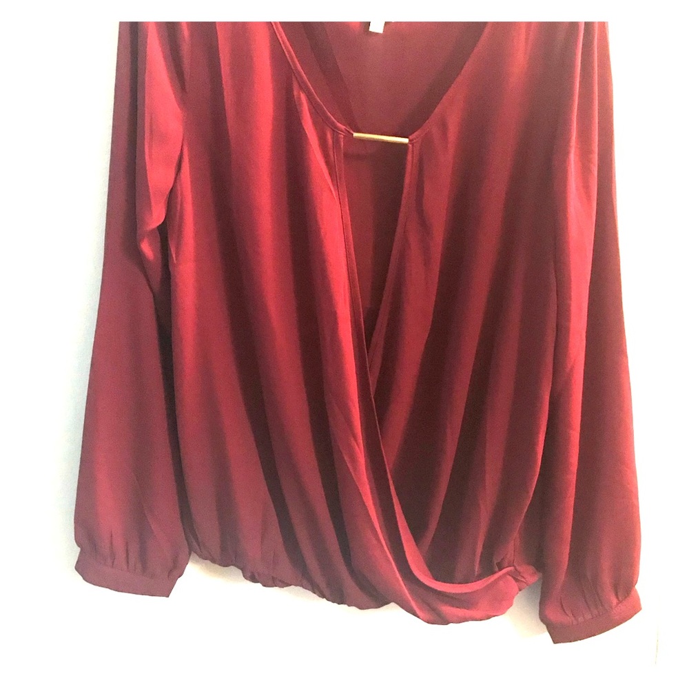 Burgundy Red -Faux Wrap Blouse with Gold Accents