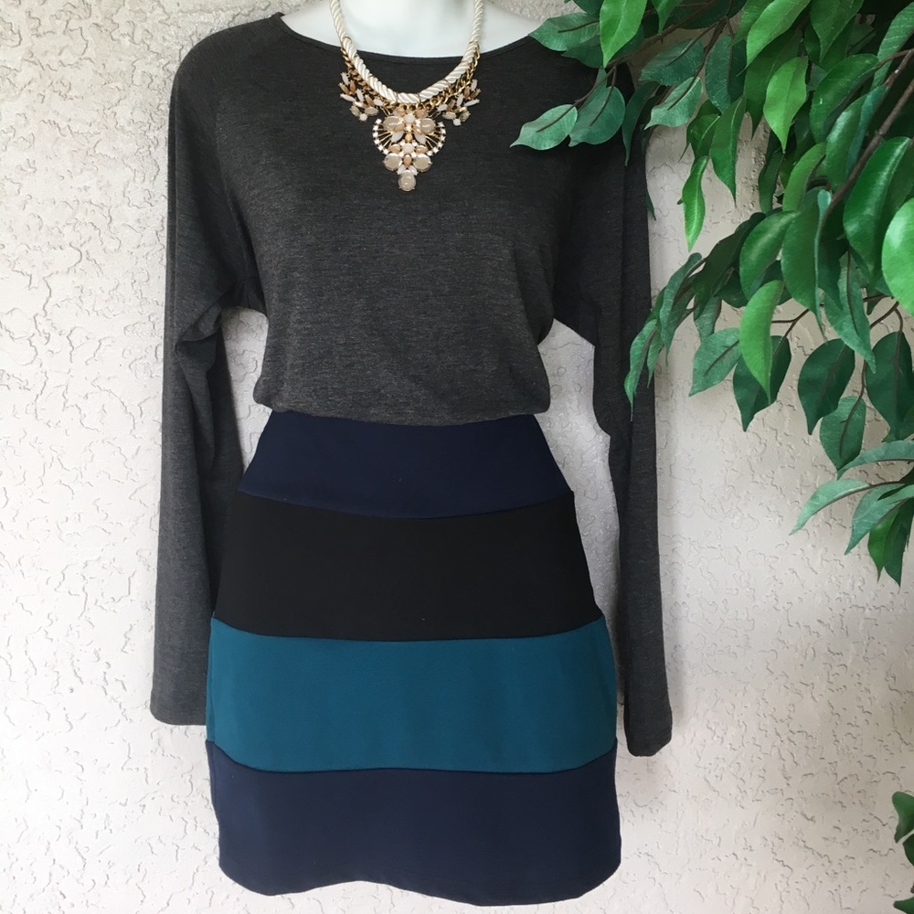 Gray blue teal and black striped sweater dress