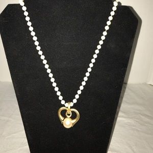 Long, faux pearl gold tone heart Express necklace